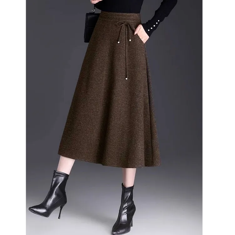 新中式半身裙春秋新款垂感大摆裙中长款高腰显瘦百褶呢子a字裙