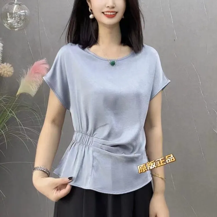 缎面提花百搭衬衫女2025夏季新款时尚短袖不规则洋气显瘦小衫上衣