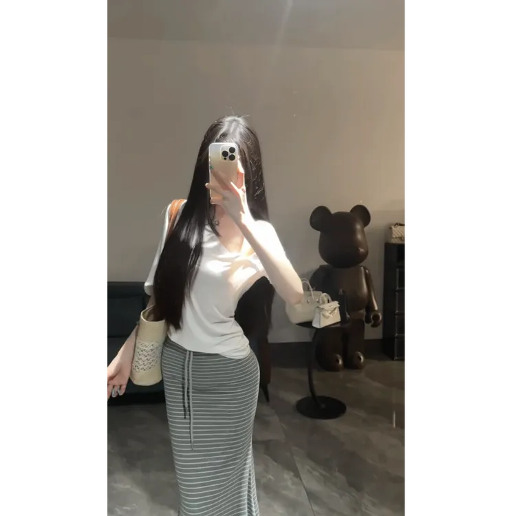 纯欲辣妹高腰条纹半身裙女绑带鱼尾长裙白色斜肩t桖上衣两件套装