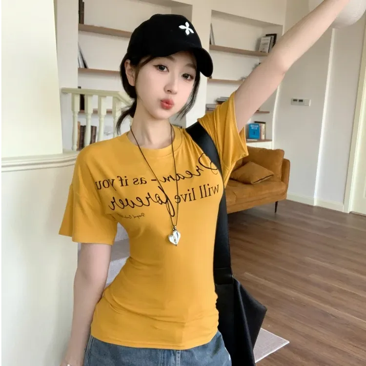 美式辣妹修身显瘦字母印花短袖T恤女装夏季百搭绝美chic