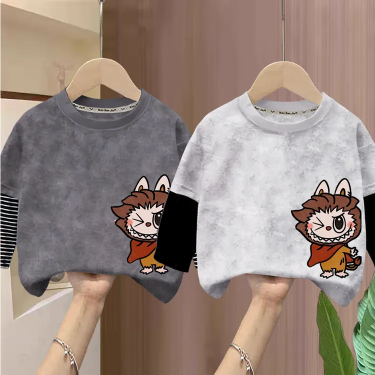 假两件扎染长袖拉布布新款纯棉打底衫圆领男童春秋季上衣洋气卡通