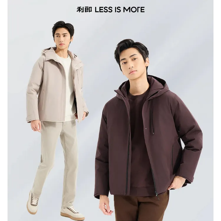 利郎【三防拒水】男士冬季轻便保暖户外连帽加厚抗寒短款白鸭绒绒服