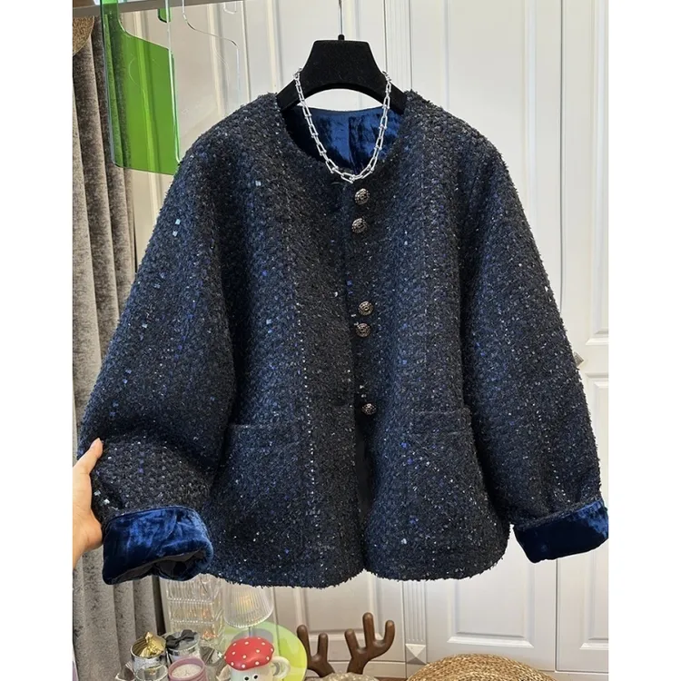 时尚高级感小香编织丝绒拼接女夹棉厚外套单排扣宽松2025冬季新款