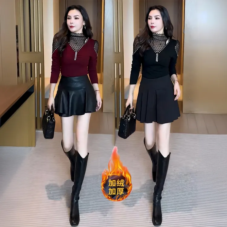 拉夏贝尔半高领加绒打底衫T恤2025冬季新款法式蕾丝拼接上衣