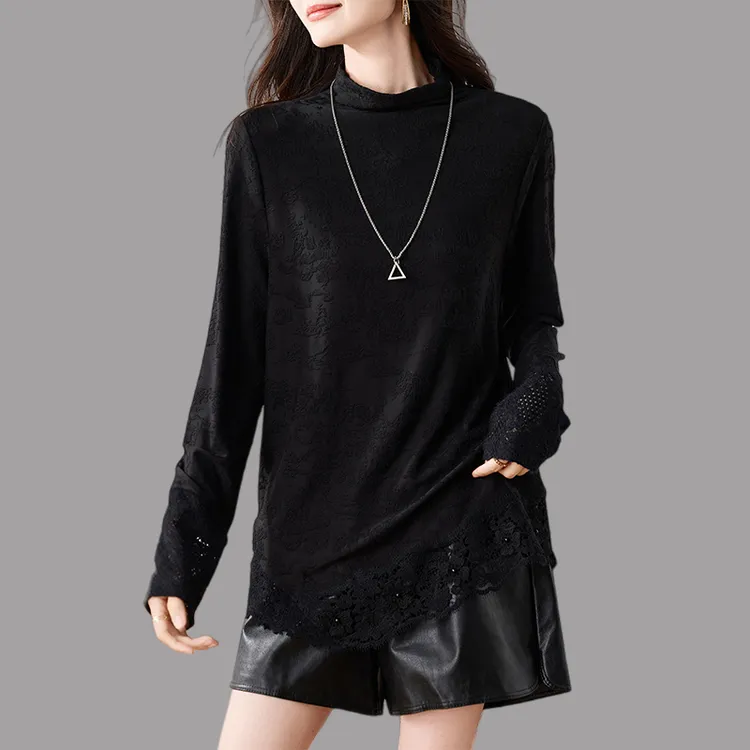 设计感半高领提花长袖T恤女秋冬新款宽松显瘦加绒加厚打底衫上衣