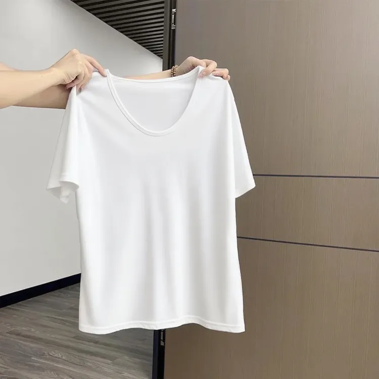 莫代尔宽松低领正肩短袖T恤女夏季新款U领慵懒风遮肉显瘦冰丝上衣