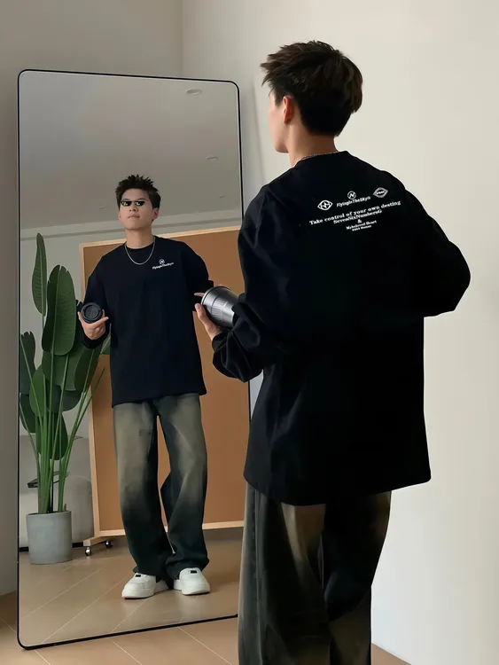 美式高街字母秋重磅冬季宽松圆领T恤男ins潮牌设计感长袖打底衫