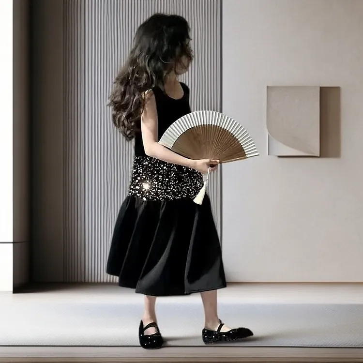 童装女童夏季新款拼接缎面背心裙小香风吊带裙女孩气质亮片连衣裙