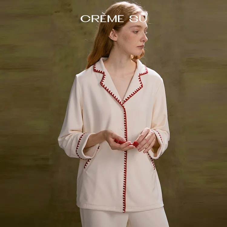 CremeSu松弛系列秋冬双面短绒撞边贝壳针情侣保暖睡衣家居服套装