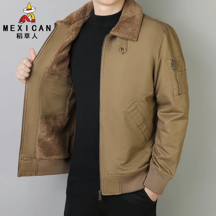 稻草人加绒加厚爸爸装夹克外套宽松大码秋冬保暖男士休闲工装上衣