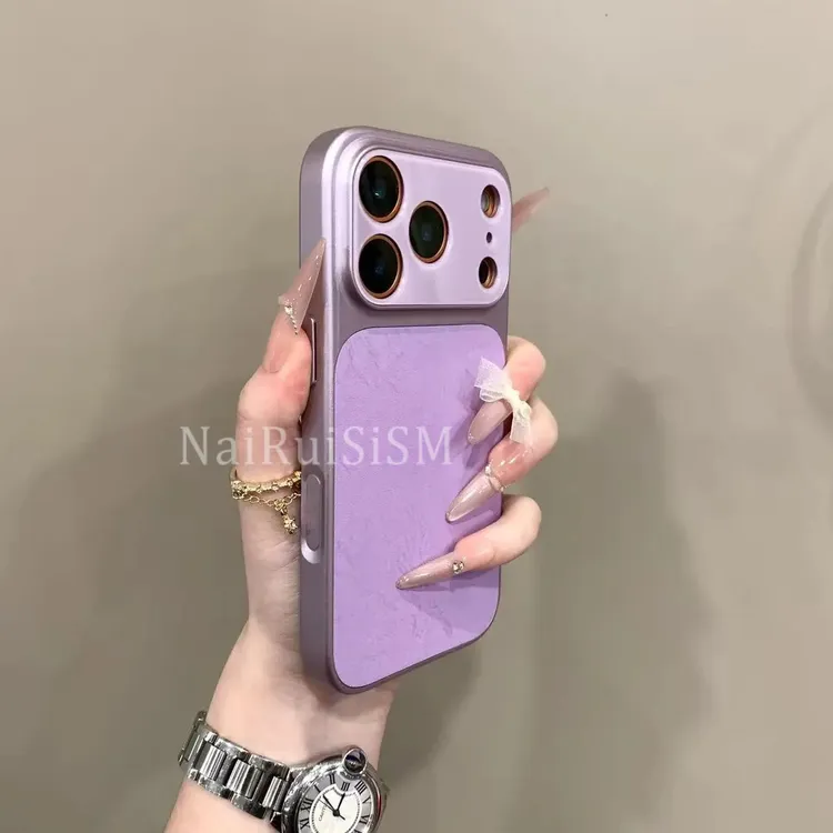 高颜值冰裂纹皮质大视窗适用17promax手机壳时尚ins风紫色16pro女