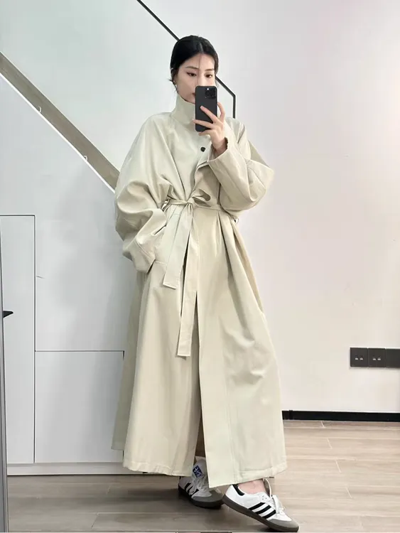 高个子秋季纯色秋季法式中长款春秋风衣宽松休闲风薄款风衣套装女