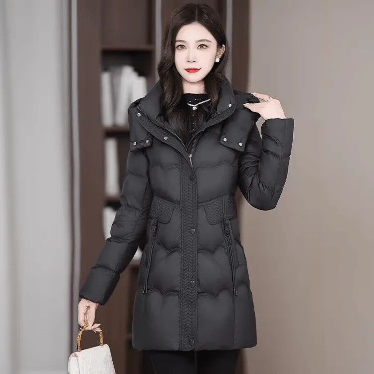 时尚棉服女中长款2025新款修身小个子连帽棉衣冬季保暖棉袄子外套