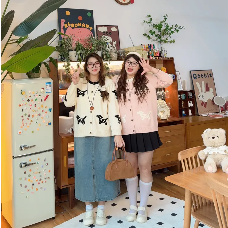 7710大码女装韩系小狗提花圆领针织开衫宽松时尚减龄针织外套毛衣