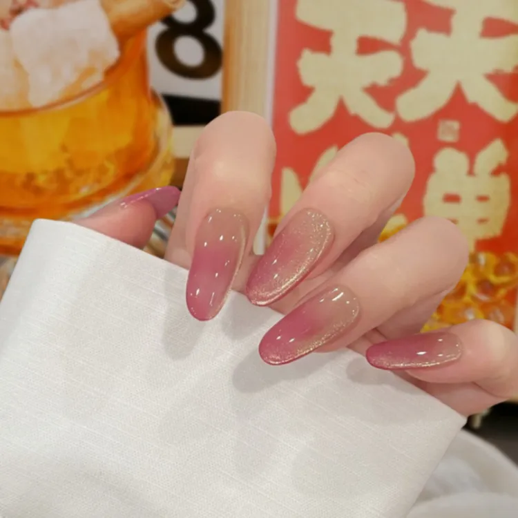 现货【桃金娘】手工穿戴甲可拆卸蜜桃渐变显白新款猫眼美甲穿戴甲片