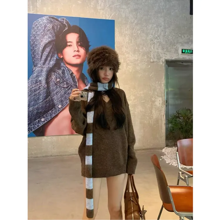 气质宽松显瘦慵懒毛衣上衣+飘带+条纹撞色短裤三件套秋季潮流穿搭