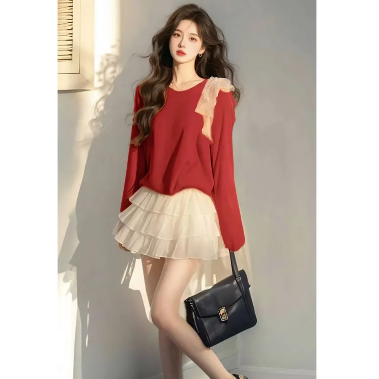 2025春爆款流行整套高级感超好看小众圆领套头上衣网纱蛋糕裙套装