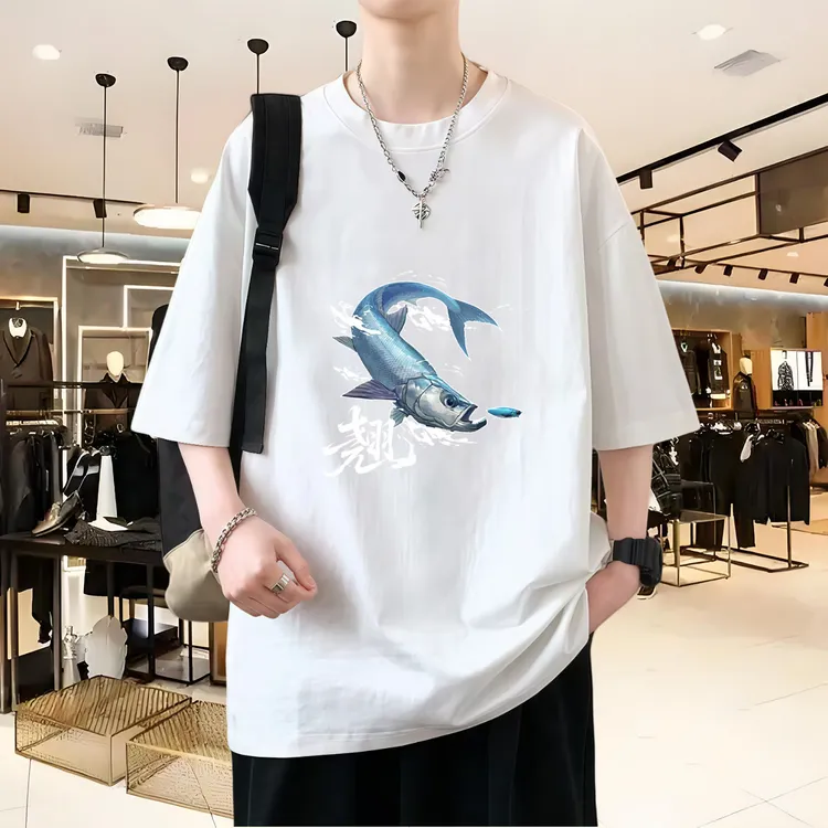 钓鱼人新款短袖t恤男夏季宽松印花圆领重磅透气男士爆款220克