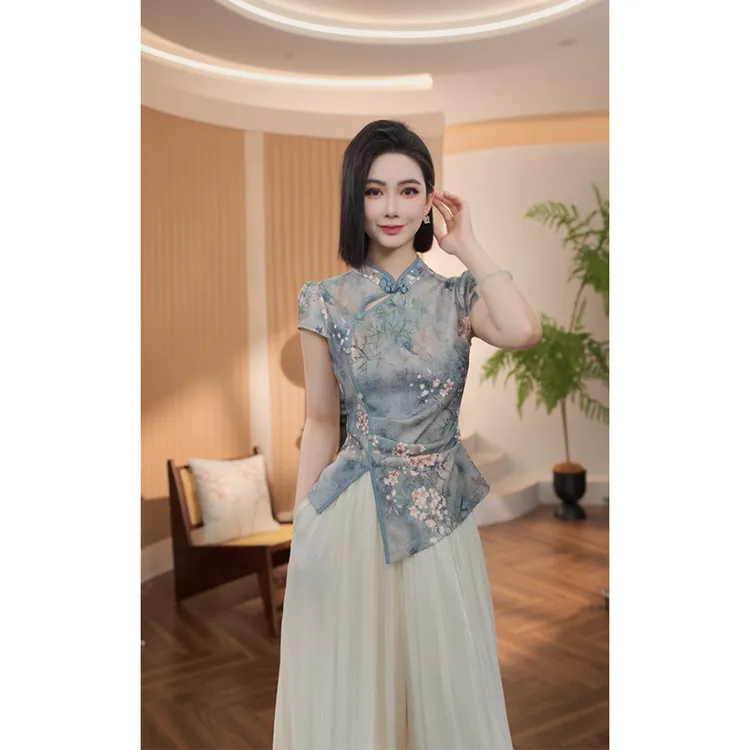 格娜【青花瓷】夏季新中式小众独特小衫盘扣显瘦新款旗袍气质女衬衫