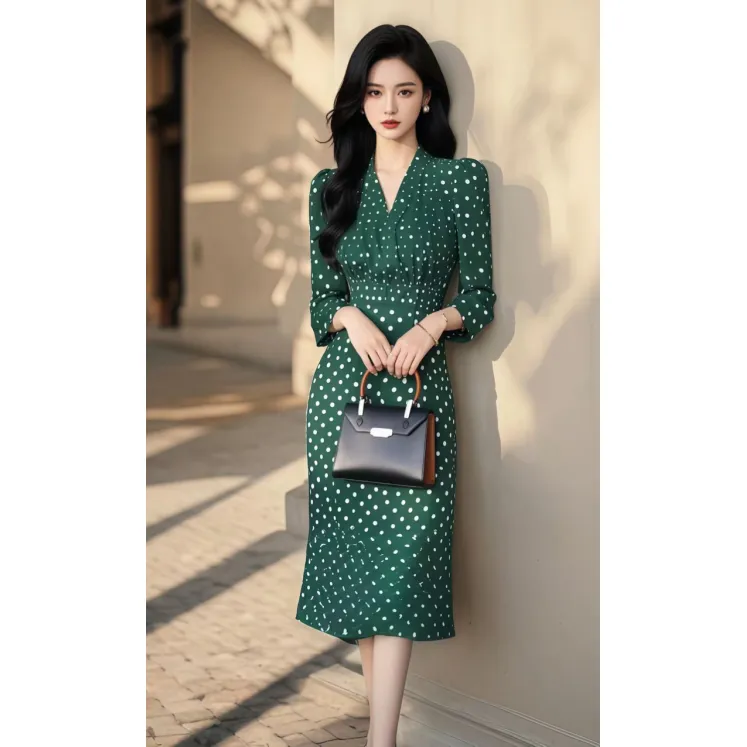 开春多巴胺穿搭高端精致轻奢高级感上流社会御姐风绿色波点连衣裙