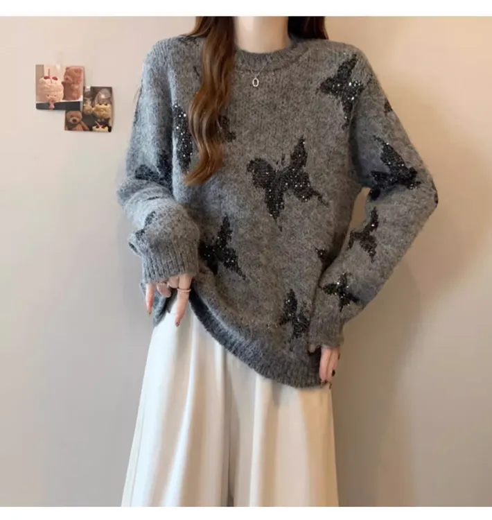 （编号102）蝴蝶亮片重工毛衣针织衫女冬