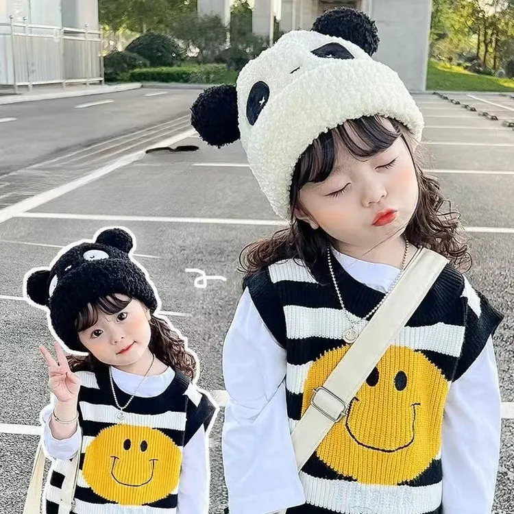 儿童熊猫帽子秋冬季男童女童2025年新款针织帽小孩宝宝保暖防风帽