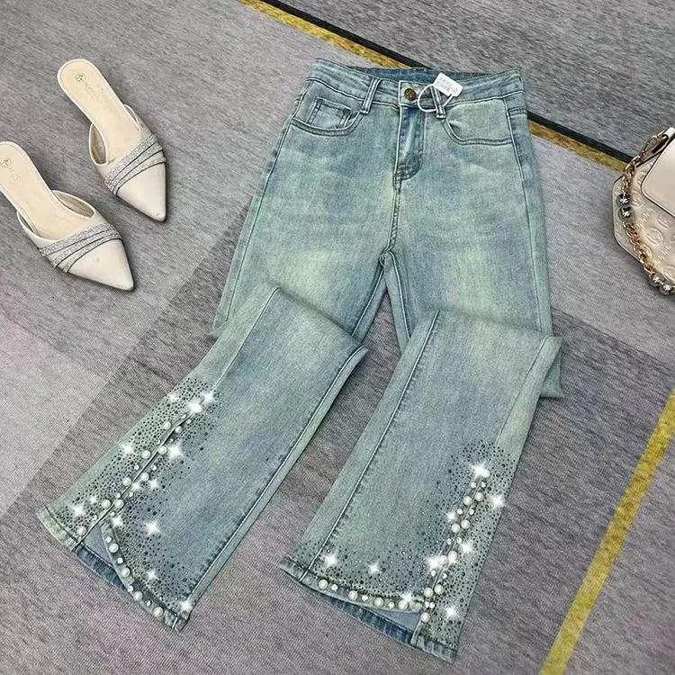 烫钻钉珠重工微喇牛仔裤女2025春夏季新款时尚高腰显瘦百搭喇叭裤