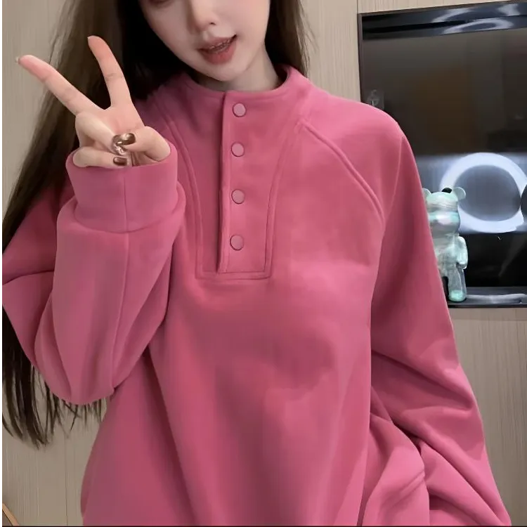 宽松立领套头卫衣设计感加厚秋冬圆领长袖保暖女时尚休闲加绒美式