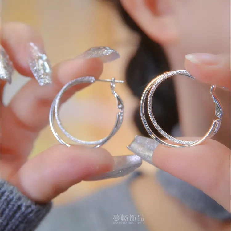 铜合金耳饰 925银针磨砂银色双层素圈耳环简约时尚设耳圈冷淡风