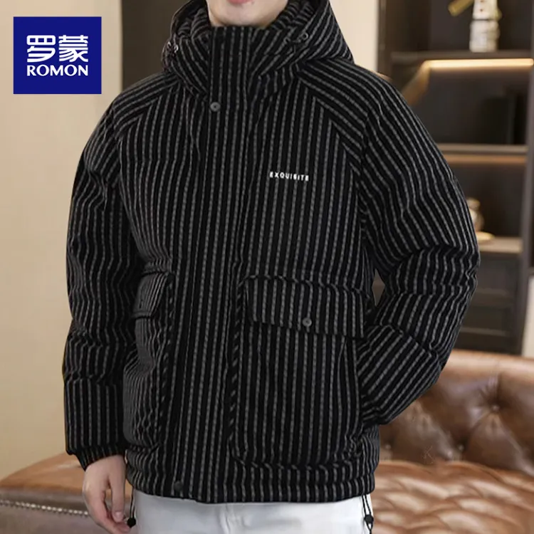 罗蒙潮牌保暖休闲痞帅高级感抗皱条纹高级感羽绒服男装冬季新外套