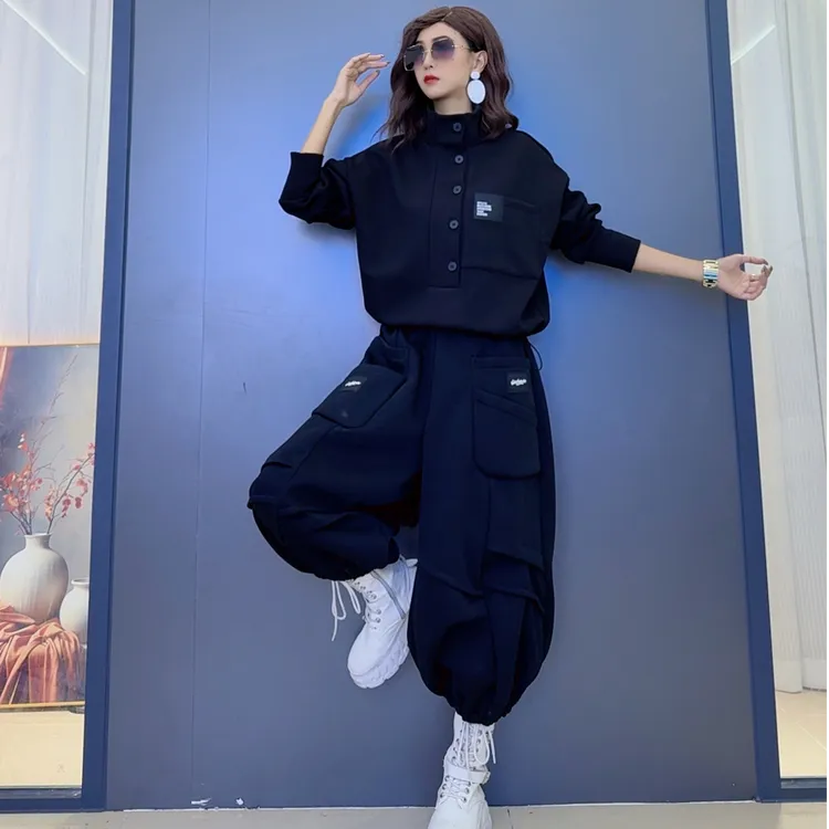 秋冬潮流立领韩版长袖加绒卫衣休闲气质洋气时尚宽松阔腿灯笼裤