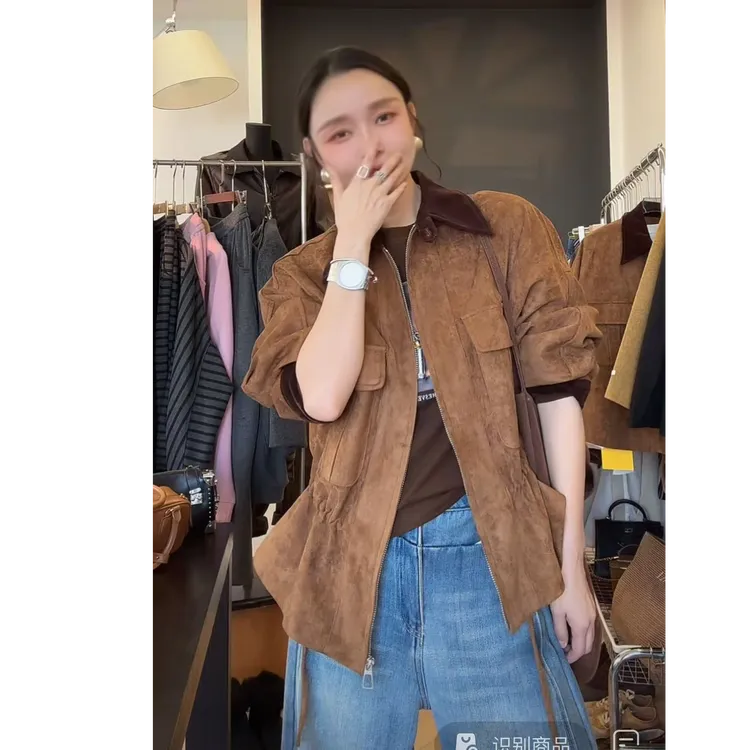 2025秋新款韩版气质拼接PU皮翻领风衣女宽松抽绳显瘦麂皮绒短外套