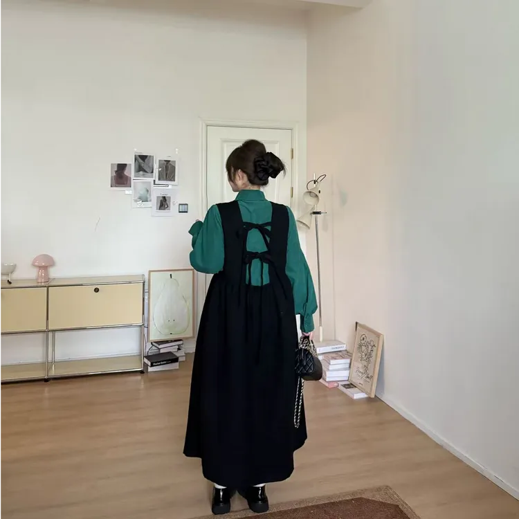 晶咕软软【中古画报】法式复古兔耳领绒面衬衫+背心连衣裙套装