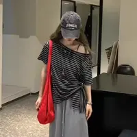 【8895】韩系复古不规则露肩条纹短袖T恤女夏季气质显瘦遮肉上衣