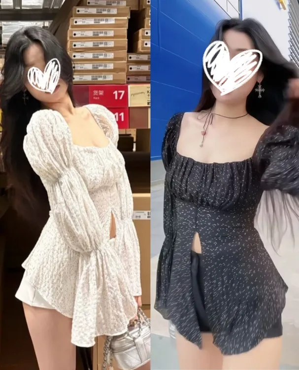 夏季辣妹复古大方领泡泡袖开叉显瘦波点雪纺衫防晒上衣女性感1139