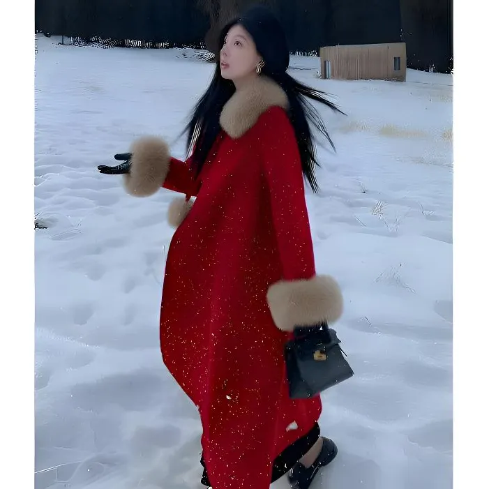 【现货运费险】秋冬加厚新年战袍斗篷毛呢外套时尚中长款高级感大衣