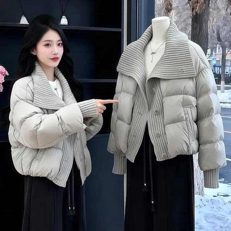 MISU/糜素设计感针织拼接棉服短外套冬季加厚保暖羽绒手塞棉棉衣