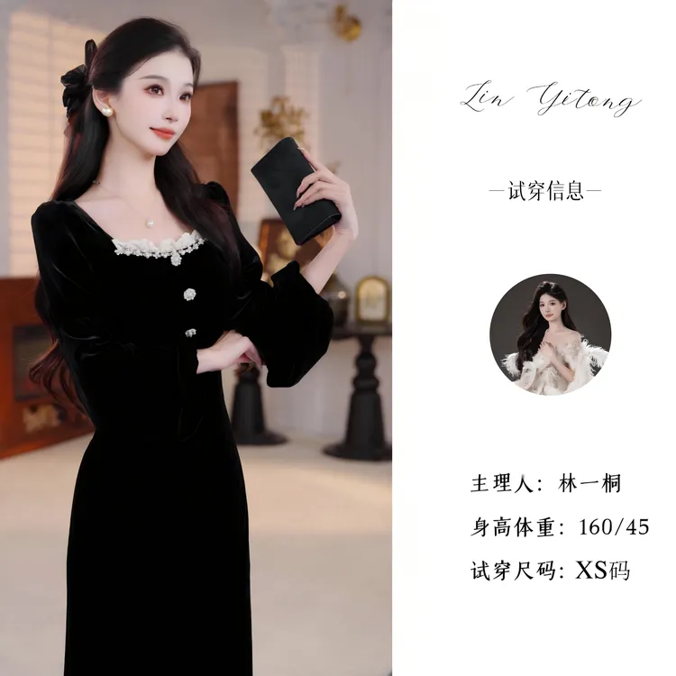 【一桐专属】【安妮舞会】秋季复古温婉丝绒显瘦长袖连衣裙T53LQC3113