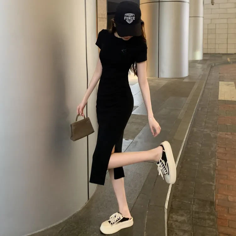 网红爆款后妈裙修身显瘦长款开叉短袖连衣裙气质百搭洋气衣服女