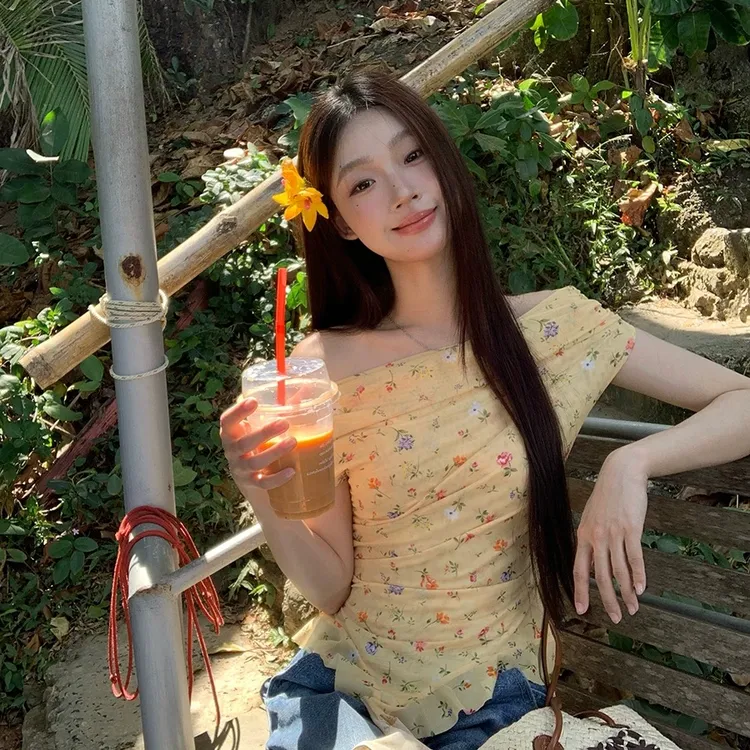 【小杏花】夏季辣妹复古一字肩上衣碎花不规则气质法式T恤显瘦短款