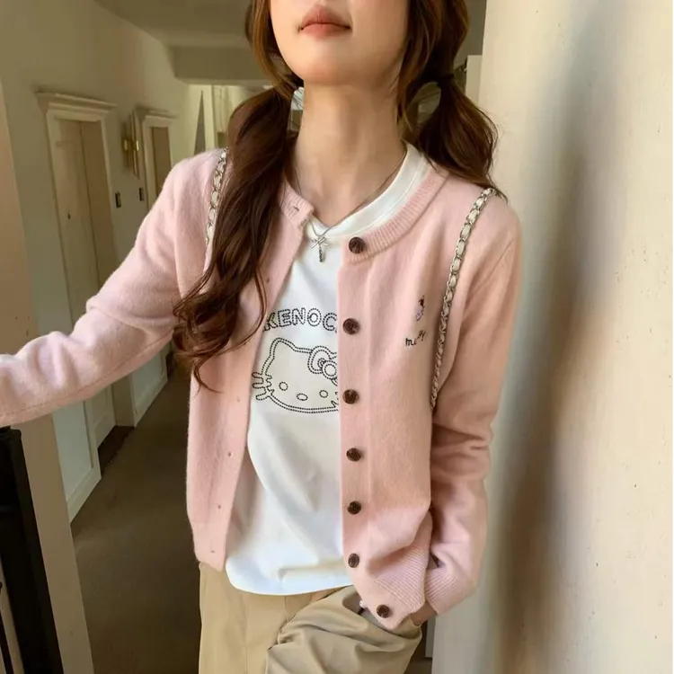 圆领刺绣针织开衫女2025秋装新款韩版高级感毛衣外套小个子上衣