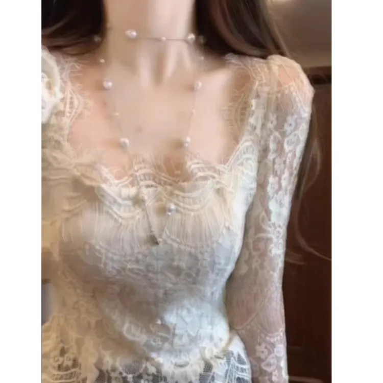 纯欲辣妹性感方领蕾丝打底衫女秋季新款内搭外穿修身显瘦长袖上衣