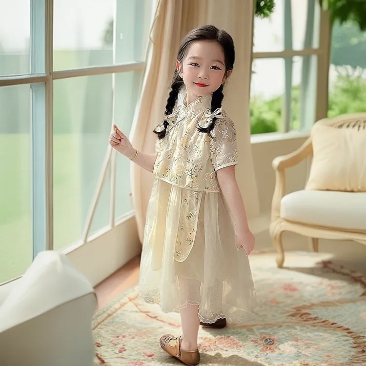 女童新中式汉服古装套装中国风唐装网纱裙女孩蝴蝶结刺绣裙两件套