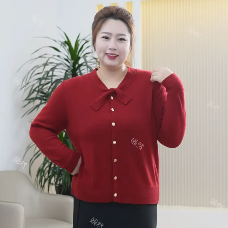 100%全绵羊毛针织衫大码蝴蝶结减龄保暖亲肤秋冬季开衫打底上衣女