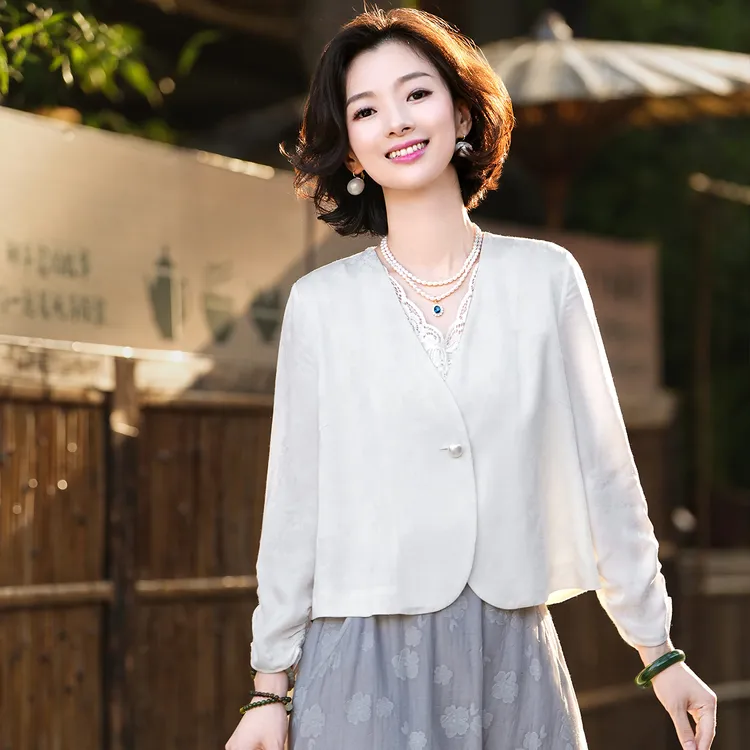 西子/【蔷薇】桑蚕丝铜氨丝提花新中式V领高级感外套上衣/WTTJ038