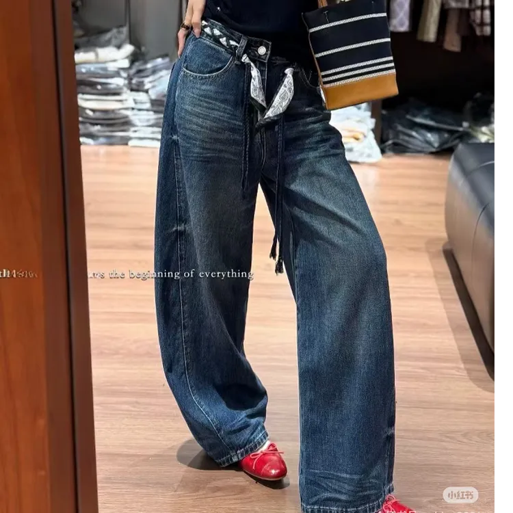 CH迪尚早秋新款女弯刀牛仔裤宽松休闲深蓝色直筒显瘦流行长裤