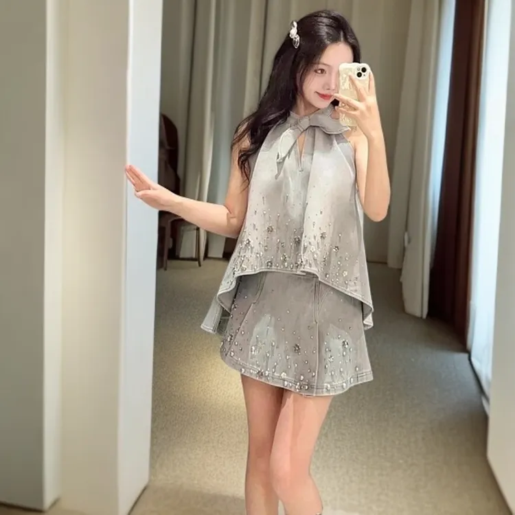 兔耳朵牛仔上衣2025夏季新品蝴蝶结钉钻不规则无袖挂脖露肩衬衫女