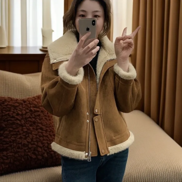 韩系复古加厚毛毛外套时尚休闲翻领冬季百搭设计师皮毛一体女款