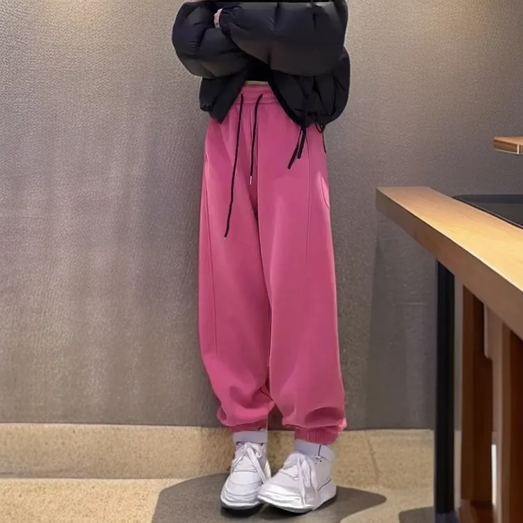 秋季加绒加厚宽松显瘦束脚弯刀裤女时尚休闲百搭长裤高腰大码卫裤