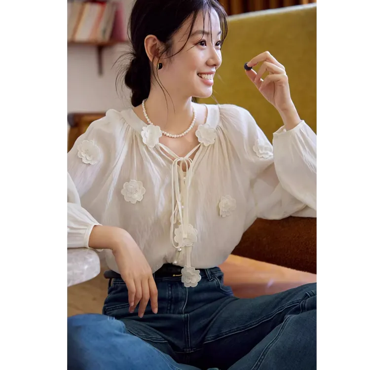 法式复古v领系带衬衫女2025早秋新款设计感小众甜美内搭衬衣